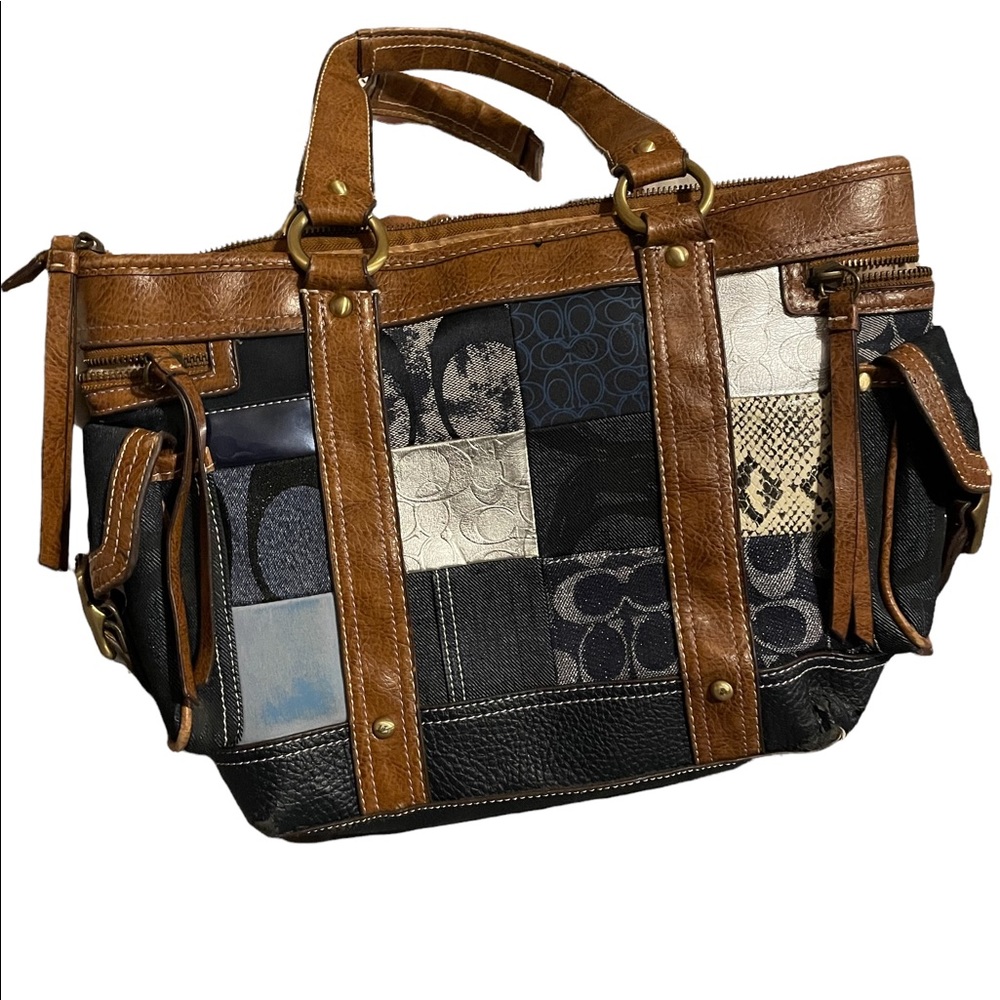 Coach Distressed Leather Denim Signature Patchwork Gigi Tote Bag - Picture 3 of 8